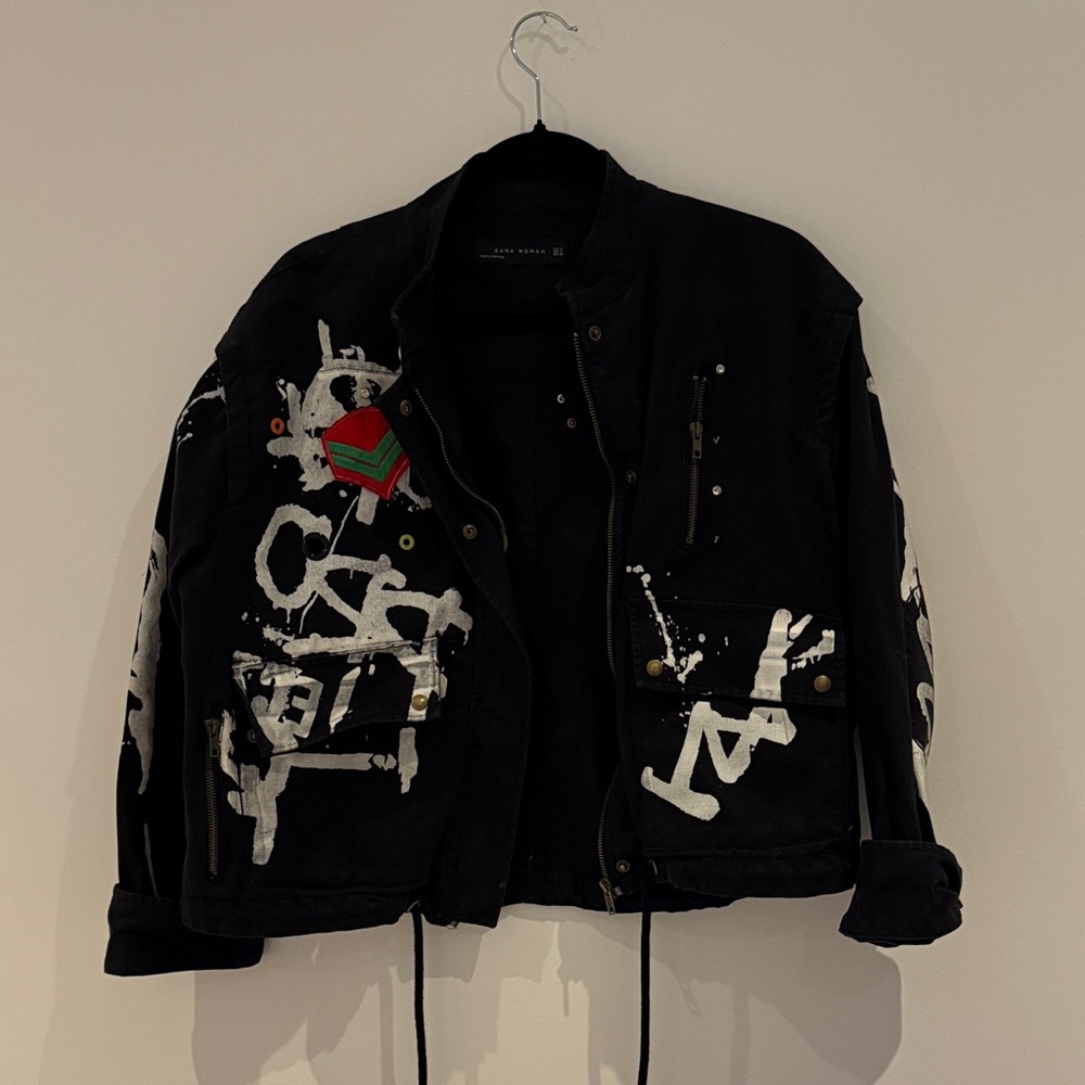 Zara Black Bomber Jacket with White Graphics